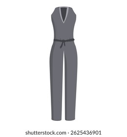 Grey jumpsuit with black belt showing casual style, isolated on white background