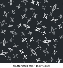 Grey Kayak and paddle icon isolated seamless pattern on black background. Kayak and canoe for fishing and tourism. Outdoor activities.  Vector Illustration