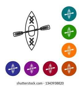 Grey Kayak and paddle line icon isolated on white background. Kayak and canoe for fishing and tourism. Outdoor activities. Vector Illustration