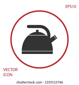 Grey Kettle with handle icon isolated on white background. Teapot icon. Red circle button. Vector Illustration