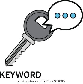 Eine graue Taste mit schwarzem Umriss ist mit einer weißen Sprechblase verbunden, die drei blaue Punkte enthält. Das Wort KEYWORD ist unten in schwarzem Text geschrieben.