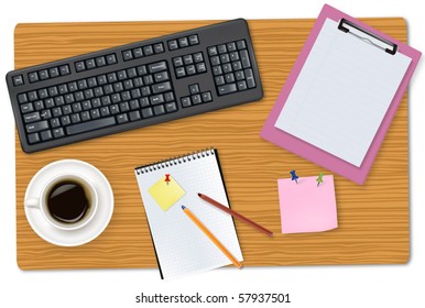 Grey keyboard and office supplies laying on the brown board. Vector.
