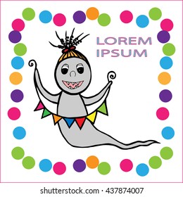 Grey kind ghost which smiles with multicolor small flags in hands and with place for text on the white background