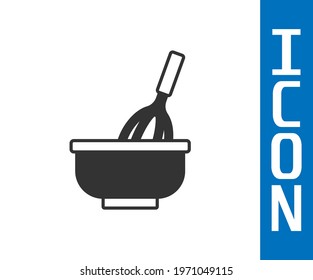 Grey Kitchen whisk with bowl icon isolated on white background. Cooking utensil, egg beater. Cutlery sign. Food mix symbol.  Vector