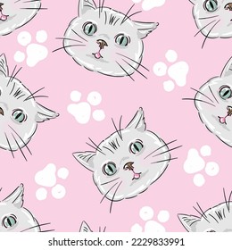 Grey kitten and paws on pink background, cute cat vector illustration seamless pattern, children print design, 