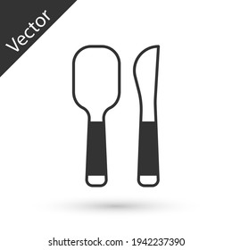 Grey Knife and spoon icon isolated on white background. Cooking utensil. Cutlery sign. Vector