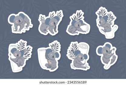 Grey Koala Animal with Eucalyptus Branch Vector Sticker Set