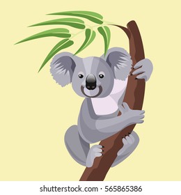 Grey koala bear isolated on wood branch with green leaves. Australian marsupial animal that eat only eucalyptus sitting on tropical tree trunk. Vector illustration of herbivorous koala