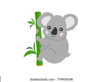 Grey koala bear isolated on white. Smiling animal sitting on bamboo wood branch with green leaves. Australian marsupial animal vector illustration.
Can be used for textile print, poster, card