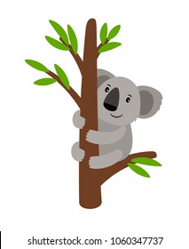 Grey koala bear on a tree cartoon animal icon isolated on white background, vector illustration