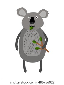 Grey koala standing on two legs and holding a twig