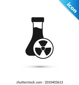 Grey Laboratory chemical beaker with toxic liquid icon isolated on white background. Biohazard symbol. Dangerous symbol with radiation icon.  Vector