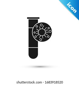 Grey Laboratory glass test tube with virus and bacteria icon isolated on white background. Analysis microorganism, research, diagnosis.  Vector Illustration