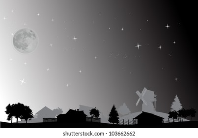 paisagem cinzenta com árvores e aldeia