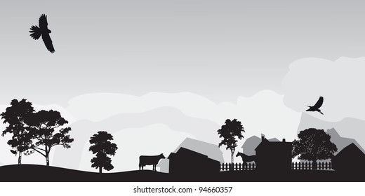 grey landscape with trees and village