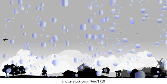 grey landscape with trees and village
