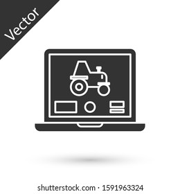 Grey Laptop application for control a autonomous tractor on a smart farm icon isolated on white background. Smart agriculture implement.  Vector Illustration