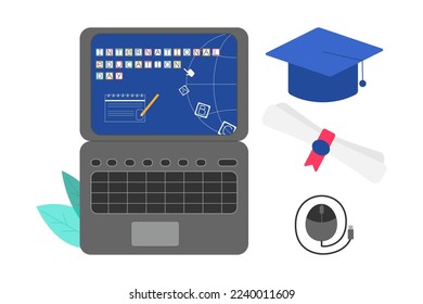 Grey laptop, attributes of good learning on white background for international education day design 