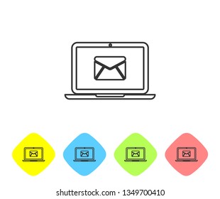 Grey Laptop with envelope and open email on screen line icon isolated on white background. Email marketing, internet advertising concepts. Set icon in color rhombus buttons. Vector Illustration