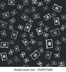 Grey Laptop with envelope and open email on screen icon isolated seamless pattern on black background. Email marketing, internet advertising concepts.  Vector Illustration