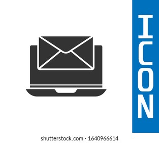 Grey Laptop with envelope and open email on screen icon isolated on white background. Email marketing, internet advertising concepts.  Vector Illustration