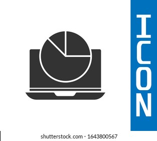 Grey Laptop with graph chart icon isolated on white background. Report text file icon. Accounting sign. Audit, analysis, planning.  Vector Illustration