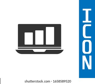 Grey Laptop with graph chart icon isolated on white background. Report text file icon. Accounting sign. Audit, analysis, planning.  Vector Illustration