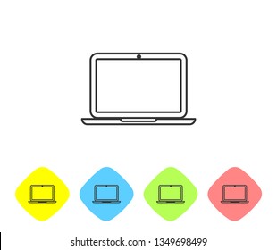 Grey Laptop line icon isolated on white background. Computer notebook with empty screen sign. Set icon in color rhombus buttons. Vector Illustration