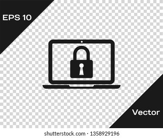 Grey Laptop and lock icon isolated on transparent background. Computer and padlock. Security, safety, protection concept. Safe internetwork. Vector Illustration