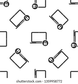 Grey Laptop and lock icon isolated seamless pattern on white background. Computer and padlock. Security, safety, protection concept. Safe internetwork. Vector Illustration