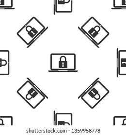 Grey Laptop and lock icon isolated seamless pattern on white background. Computer and padlock. Security, safety, protection concept. Safe internetwork. Vector Illustration
