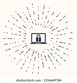 Grey Laptop and lock icon isolated on beige background. Computer and padlock. Security, safety, protection concept. Safe internetwork. Abstract circle random dots. Vector Illustration