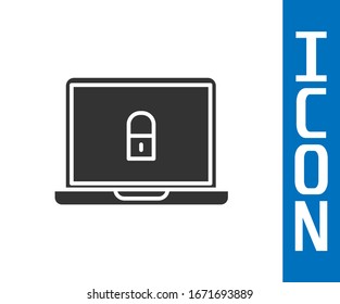Grey Laptop and lock icon isolated on white background. Computer and padlock. Security, safety, protection concept. Safe internetwork.  Vector Illustration