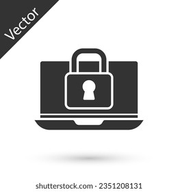 Grey Laptop and lock icon isolated on white background. Computer and padlock. Security, safety, protection concept. Safe internetwork.  Vector