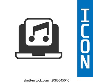 Grey Laptop with music note symbol on screen icon isolated on white background.  Vector