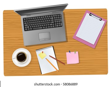 Grey laptop and office supplies laying on the brown board. Vector.