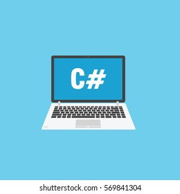 Grey laptop for programming. C sharp language concept