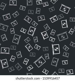 Grey Laptop protected with shield icon isolated seamless pattern on black background. Internet security. PC security, firewall technology, privacy safety.  Vector Illustration