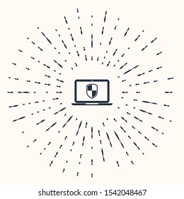 Grey Laptop protected with shield icon isolated on beige background. Internet security. PC security, firewall technology, privacy safety. Abstract circle random dots. Vector Illustration