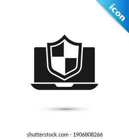 Grey Laptop protected with shield icon isolated on white background. PC security, firewall technology, privacy safety.  Vector