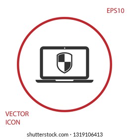 Grey Laptop protected with shield symbol icon isolated on white background. Internet security concept.  
