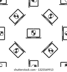 Grey Laptop protected with shield symbol icon isolated seamless pattern on white background. Internet security concept. PC security, firewall technology, privacy safety. Vector Illustration