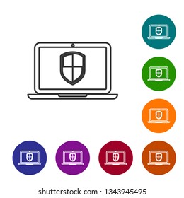 Grey Laptop protected with shield symbol line icon isolated on white background. Internet security concept. PC security, firewall technology, privacy safety. Vector Illustration