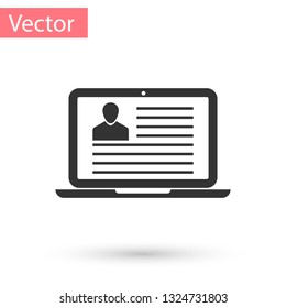 Grey Laptop with resume icon isolated on white background. CV application. Searching professional staff. Analyzing personnel resume. Vector Illustration
