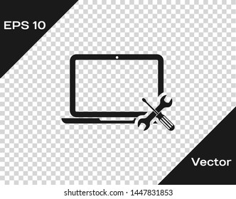 Grey Laptop with screwdriver and wrench icon isolated on transparent background. Adjusting, service, setting, maintenance, repair, fixing.  Vector Illustration
