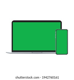 Grey laptop and smartphone with green screen vector illustration. Notebook isolated on white background with place for advertisement. Chromakey space on screen of personal computer.