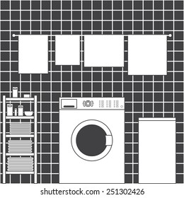 Grey laundry room interior with ceramic tile wall, front loading type washing machine, laundry basket, drying towels and shelving with clean towels, packs of washing powder, bar of soap in flat style