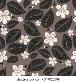 Grey leafy seamless background with flowers. Vector illustration