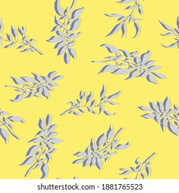 Grey leaves on yellow background. Vector illustration. Seamless pattern.