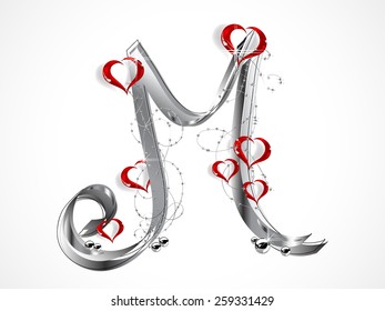 Grey letter M with ribbon and glass hearts